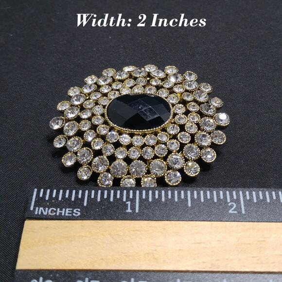 Monet Clear Black Rhinestone Oval Brooch, Gold Plated, 1980s Vintage Jewelry - Picture 9 of 10